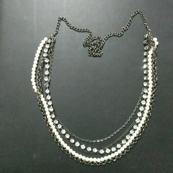 Gunmetal Black Clear Rhinestone White Faux Pearl Long Statement Necklace - Picture 1 of 2